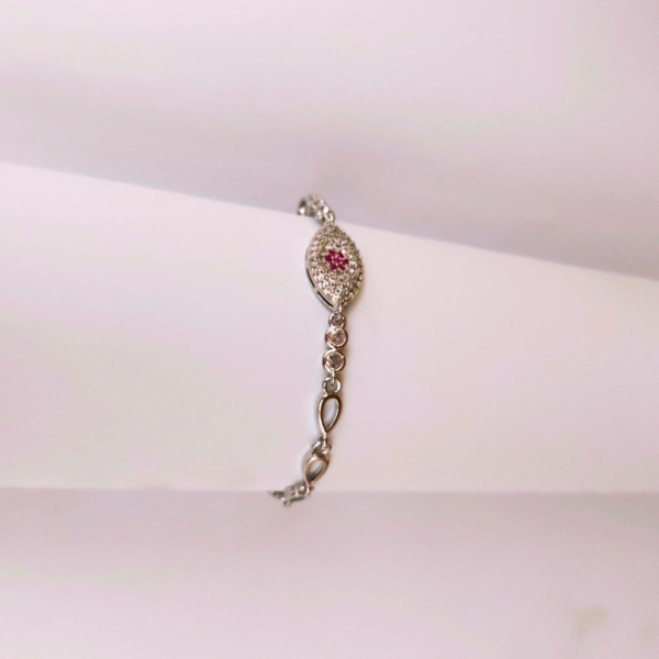 Silver Evil Eye Bracelet with Pink Gemstone - Image 2