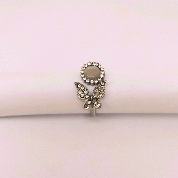 Silver Butterfly and Floral Double Ring Set with Rhinestones