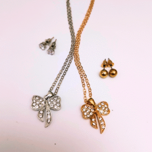 Rhinestone Bow Pendant Necklace and Earring Set