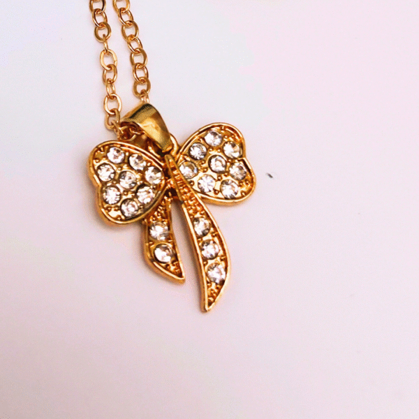 Rhinestone Bow Pendant Necklace and Earring Set - Image 3
