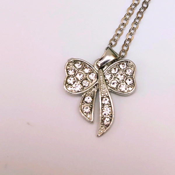 Rhinestone Bow Pendant Necklace and Earring Set - Image 4