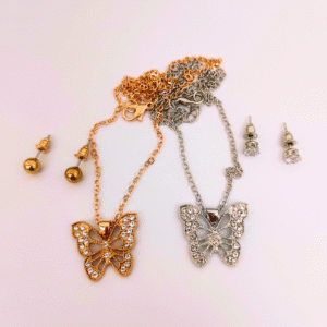 Rhinestone Butterfly Pendant Necklace and Earring Set