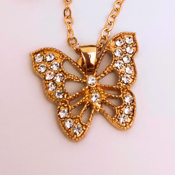 Rhinestone Butterfly Pendant Necklace and Earring Set - Image 2