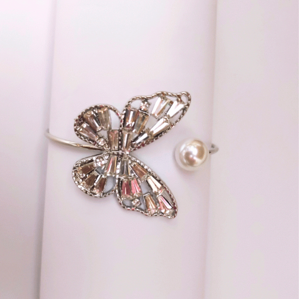 Silver Rhinestone Butterfly Cuff Bracelet with Pearl Accent - Image 4