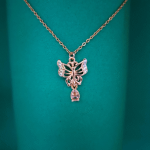 Rhinestone Butterfly Pendant Necklace with Teardrop Gem