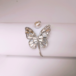 Silver Rhinestone Butterfly Cuff Bracelet with Pearl Accent