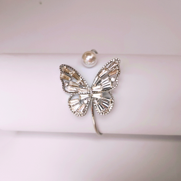 Silver Rhinestone Butterfly Cuff Bracelet with Pearl Accent - Image 3