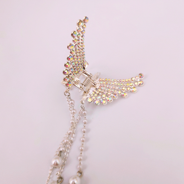 Silver Rhinestone Butterfly Hair Clip with Pearl Tassels - Image 6