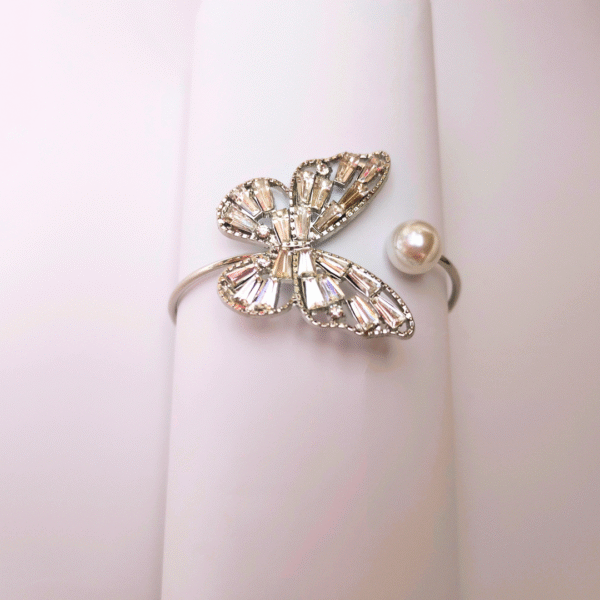 Silver Rhinestone Butterfly Cuff Bracelet with Pearl Accent - Image 2