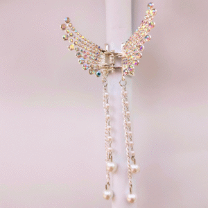 Silver Rhinestone Butterfly Hair Clip with Pearl Tassels