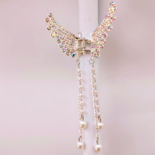 Silver Rhinestone Butterfly Hair Clip with Pearl Tassels