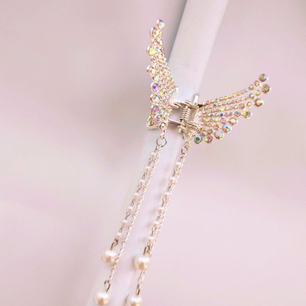 Silver Rhinestone Butterfly Hair Clip with Pearl Tassels - Image 4