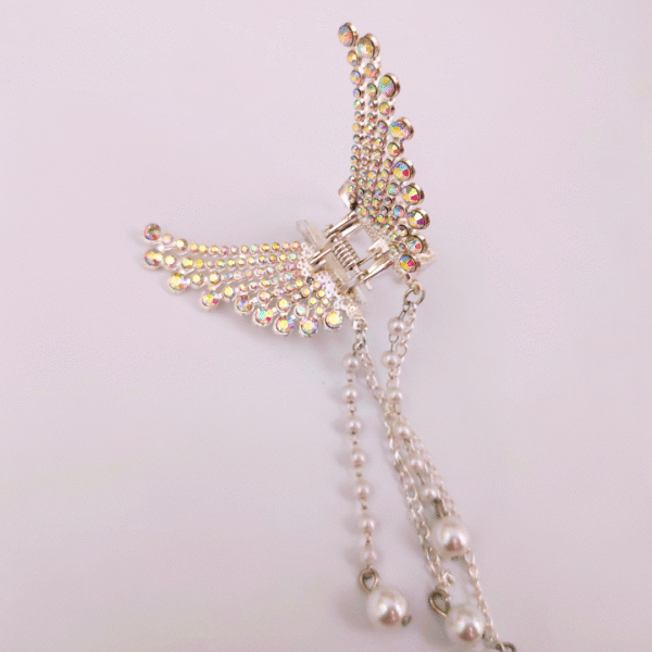 Silver Rhinestone Butterfly Hair Clip with Pearl Tassels - Image 3