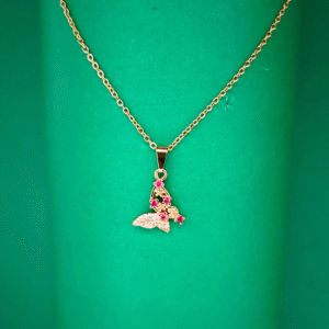 Rhinestone Butterfly Pendant Necklace with Pink Gems