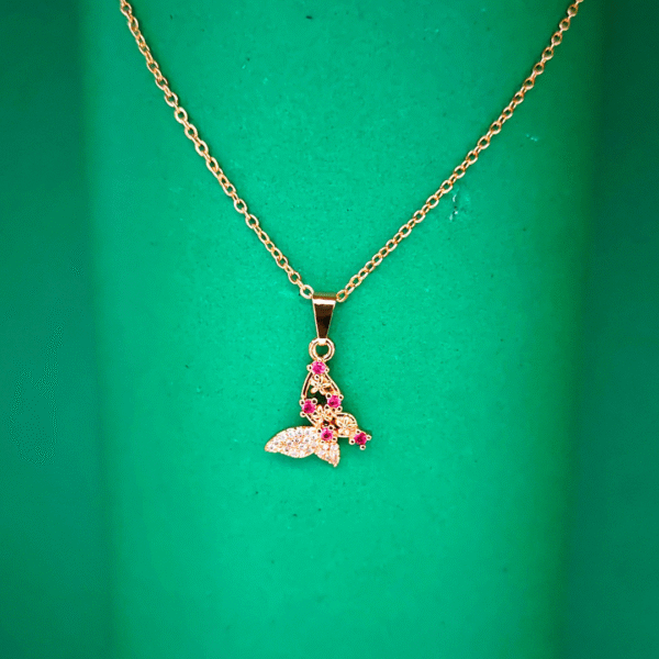 Rhinestone Butterfly Pendant Necklace with Pink Gems