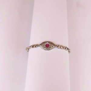 Silver Evil Eye Bracelet with Pink Gemstone