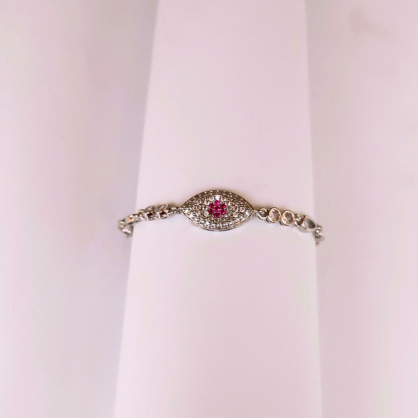 Silver Evil Eye Bracelet with Pink Gemstone