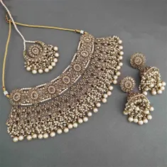 Ameena Dull Gold Crystal Choker Necklace Set